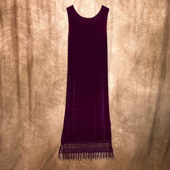 Vintage 90s Purple Sleeveless Fringe Maxi Dress Shift Round Neck Ribbed Lace - Picture 1 of 6